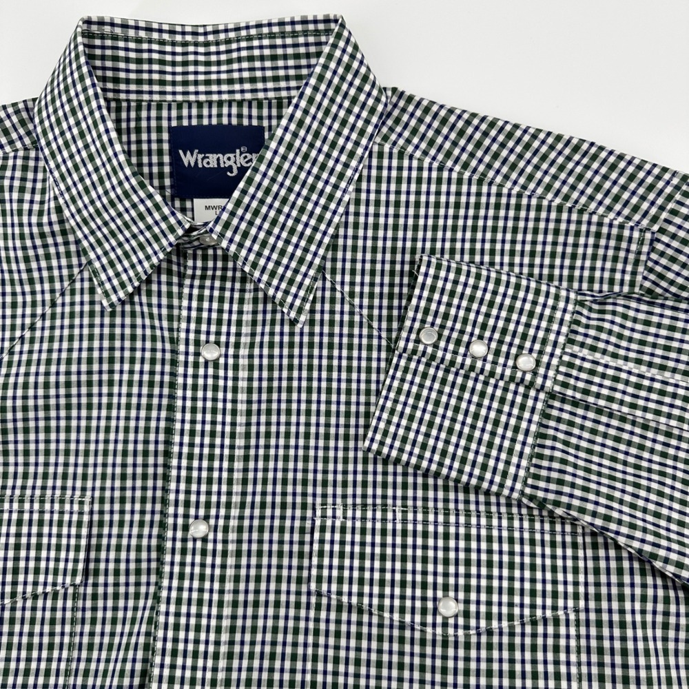 Wrangler Shirt Men's Large Long Sleeve Pearl Snaps Blue/Green Plaid Western‎